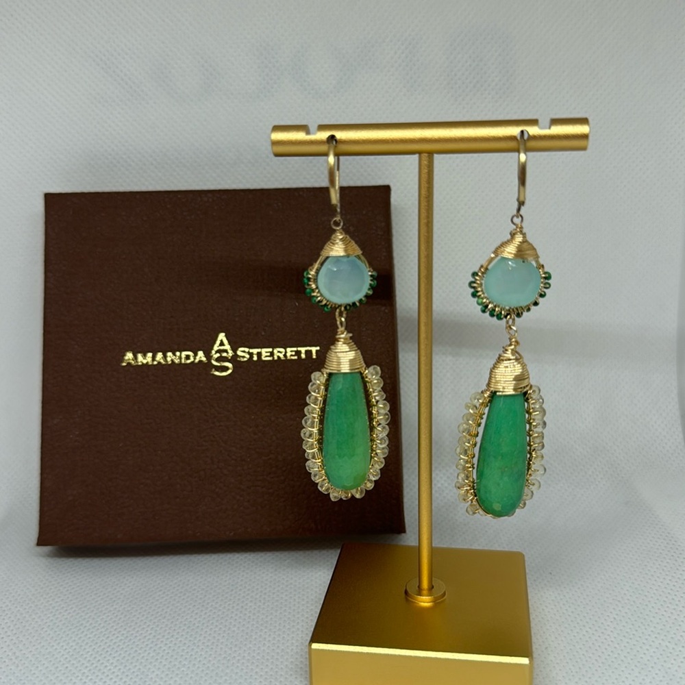 Amanda Sterett green and blue beaded earring in gold